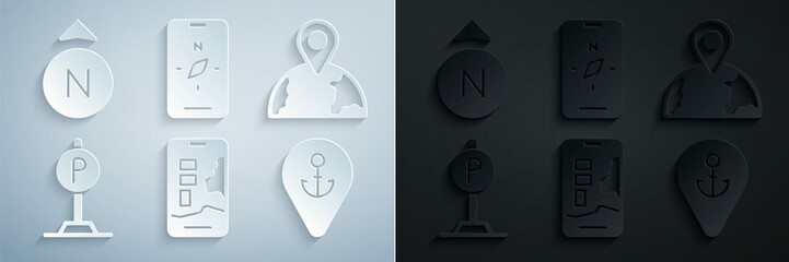Set City map navigation, Location the globe, Parking, with anchor, Compass mobile and icon. Vector
