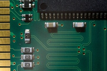 microprocessor on the background of the microcircuit of the motherboard.