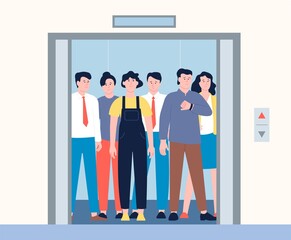 Crowd in elevator. Young persons inside hotel or office mall lift with open doors. People standing and wait lifting. Workers at morning, everyday recent vector routine
