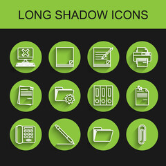 Set line Telephone, Pen line, Computer with keyboard and x mark, Document folder, Paper clip, Folder settings gears, Note paper pinned pushbutton and Office folders papers documents icon. Vector