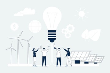 Green power energy. People use wind and sun for powers, solar panels and windmills. Ecology city concept, eco industry technology recent vector scene