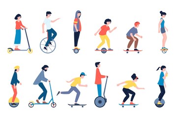 Fototapeta na wymiar People riding skateboard. Teenage safety ride on segway and wheel transport. Person on skateboards and electric kick scooter. Personal alternative transport recent vector set