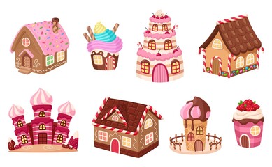 Cartoon candy homes. Game gingerbread house, chocolate cupcake building. Isolated delicious desserts, biscuit cream fairytale city garish vector elements