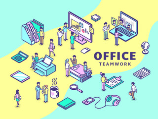 Isometric office work concept. Coworking business flow, staff marketing using resources. Teamwork and technology platform retro 3d tidy vector scene