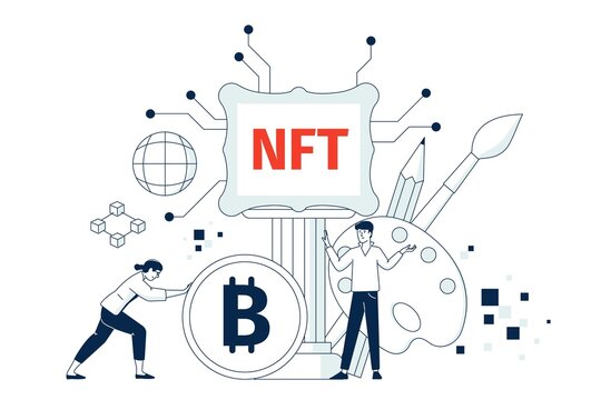 Nft art concept. Innovation artistic, money token transfer. Digital culture sale, future exhibit create. Cryptocurrency and virtual pictures recent vector scene