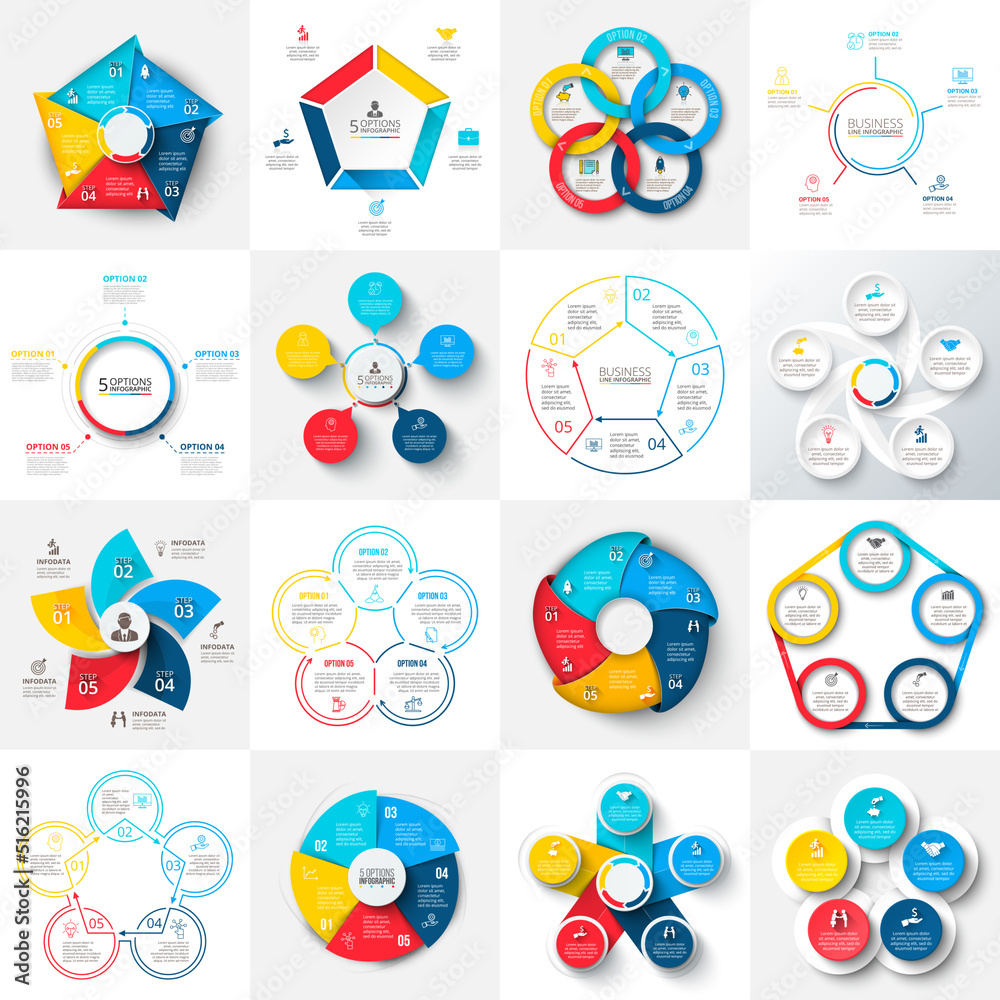 Poster big set of vector pentagons, circles and other elements for infographic. business concept with 5 opt