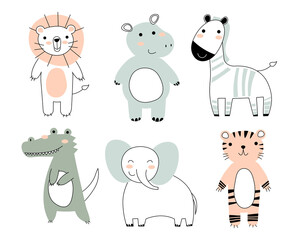 Cute wild animals line set including lion, tiger, hippo, zebra, crocodile, and elephant. Safari jungle animals vector. Africa animal illustration. EPS