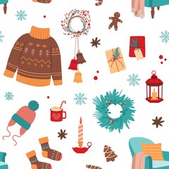 Cozy christmas seamless pattern. Delicious hygge winter holidays, candy drink and comfortable armchair. Warm wool sweater, merry santa time classy vector print