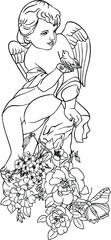 Drawing of a boy statue with flowers for a colouring book