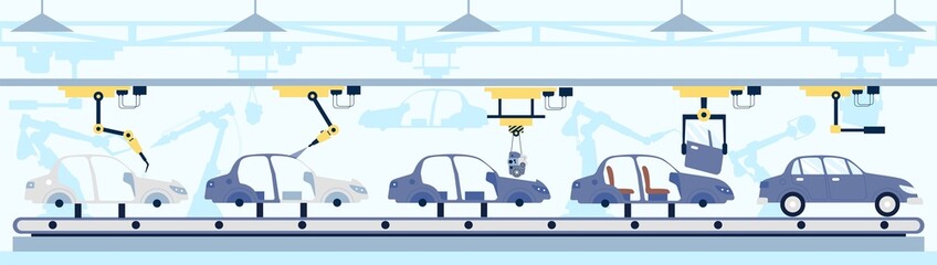 Car conveyor. Manufacturing auto with motor, car smart robotics production line. Industrial manufacture, automobile assembly process recent vector scene