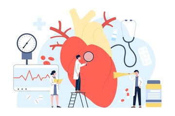 Cardiology diagnostic concept with tiny doctors and nurse. Cardiologist look at patient heart before operation, hospital work recent vector scene
