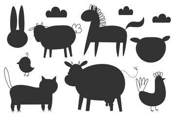 Farm animals silhouettes, isolated on white background vector illustration. Collection vectors of domestic cartoon animal Symbol of sheep, rabbit, hen, pig, cow, horse, farm, breeding, logo, sign. EPS