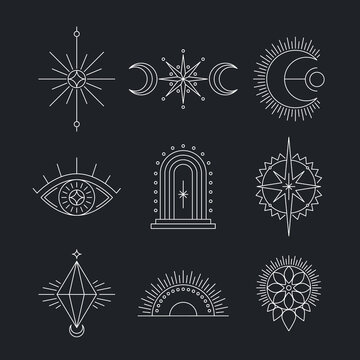 Esoteric symbols, Thin line spiritual illustration. Set of Magic occult emblems