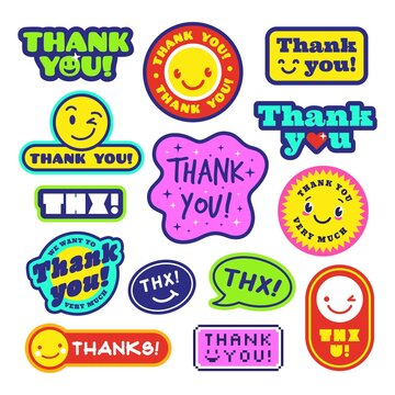 Thank you stickers. Thanks sticker collection with smile faces. Flat cool trendy thanksgiving patches. Psychedelic creative stamps tidy vector collection