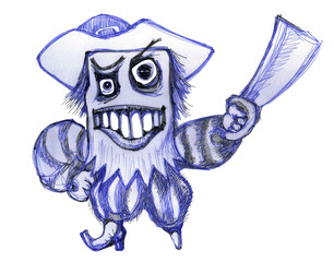 Pirate cartoon style character.Cheerful bandit.Ink drawing.