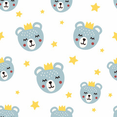 A child's seamless pattern with a cute blue bear with a crown and stars. Print for textiles, bags, stationery. Hand drawn vector drawing of a bear.