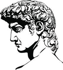 Head of Michelangelo's David. Vector drawing. Black and white graphics.