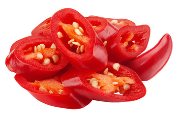 sliced red hot chilli peppers isolated on white background, clipping path, full depth of field
