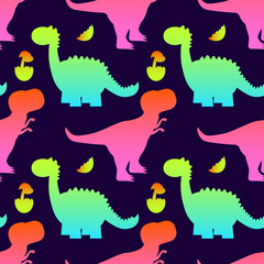 Colorful cute dinosaurs on dark background. Vector seamless pattern. Fun textile cartoon kids print design. Neon color EPS