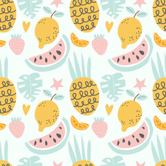 Seamless pattern exotic fruit on mint blue background. Cute vector background. Bright summer fruits illustration. Fruit mix design for fabric and decor. EPS