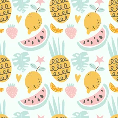 Poster Seamless pattern exotic fruit on mint blue background. Cute vector background. Bright summer fruits illustration. Fruit mix design for fabric and decor. EPS © alxyzt