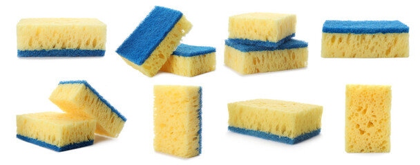 Set with cleaning sponges on white background. Banner design - obrazy, fototapety, plakaty