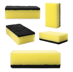 Set with cleaning sponges on white background