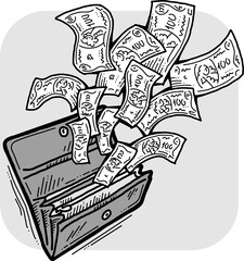 Money cash flying into and out of wallet. Income transfer, currency revenue, inflation and deflation, finance and business theme. Hand drawing vector illustration. Cartoon style line drawing.