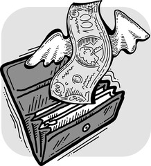 Money cash flying into and out of wallet. Income transfer, currency revenue, inflation and deflation, finance and business theme. Hand drawing vector illustration. Cartoon style line drawing.