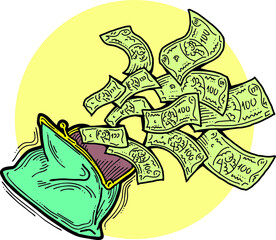 Money cash flying into and out of wallet. Income transfer, currency revenue, inflation and deflation, finance and business theme. Hand drawing vector illustration. Cartoon style line drawing.