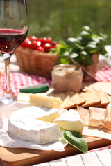 Blanket with different products outdoors. Summer picnic