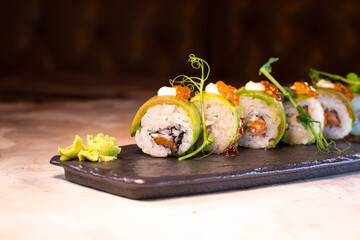 japanese dish rice rolls with cheese close-up