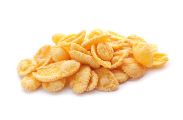 Pile of tasty corn flakes on white background