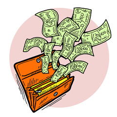 Money cash flying into and out of wallet. Income transfer, currency revenue, inflation and deflation, finance and business theme. Hand drawing illustration. Cartoon style line drawing.