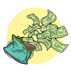 Money cash flying into and out of wallet. Income transfer, currency revenue, inflation and deflation, finance and business theme. Hand drawing illustration. Cartoon style line drawing.