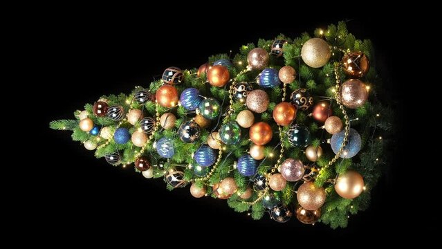 horizontal video of a christmas tree on a black background shines with the lights of a festive garland. video 4k.