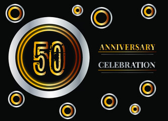 50 years anniversary celebration. Vector gold and silver rings for anniversary date isolated on black background.