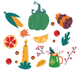 Thanksgiving autumn fall concept composition set. Graphic design element illustration