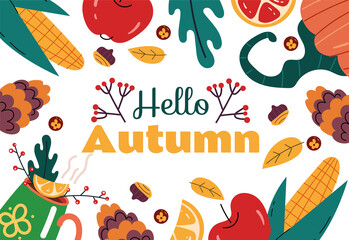 Hello autumn banner poster cover concept composition. Graphic design element illustration
