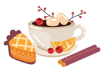 Hot warm tea coffee cacao spices drink concept composition set. Graphic design element illustration
