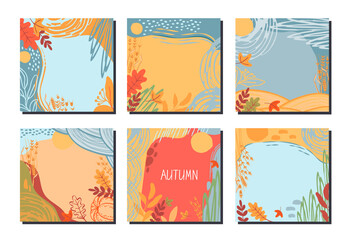 Artistic autumn card set.Six abstract modern background with leaves, ears, spots, dots, lines,stroke in blue,yellow,orange colors.Stationary template design.Vector flat illustration.