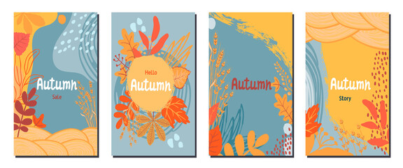 
Set of autumn abstract background with fallen leaves, ears, lines, dot, spot in blue,yellow,orange colors.Vector template for social networks, design banners , invitations,promotion, discount voucher