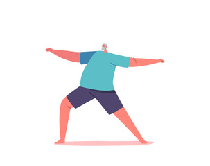 Elderly Male Character Stand in Warrior Yoga Asana Pose. Old Man in Sports Wear Training, Doing Practice, Active Life