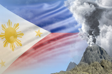 conical volcano eruption at day time with white smoke on Philippines flag background, suffer from disaster and volcanic ash conceptual 3D illustration of nature