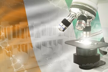Cote d Ivoire science development digital background - microscope on flag. Research of clinical medicine design concept, 3D illustration of object