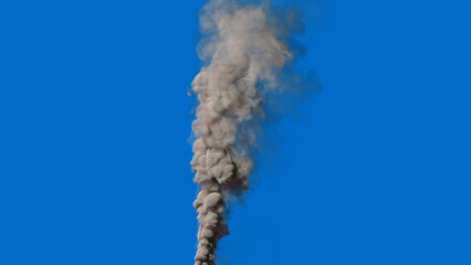 Grey smoke pollution column isolated on blue sky bg, isolated - object 3D illustration