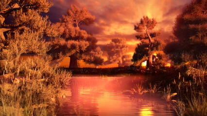 Beautiful gold sunrise forest lake nature bg - nature 3D rendering