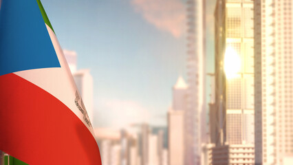flag of Equatorial Guinea on city skyscrapers buildings vanilla sundown bg for state holiday - abstract 3D illustration