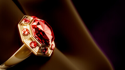 gold ring on finger with red ruby gem stone, not real design - object 3D illustration