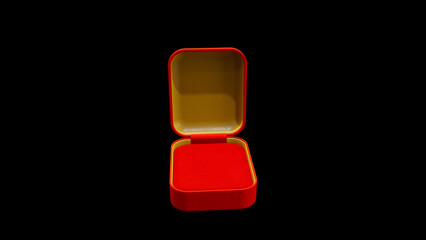 Red and gold opened empty bijouterie surprise gift box on black, isolated - object 3D rendering